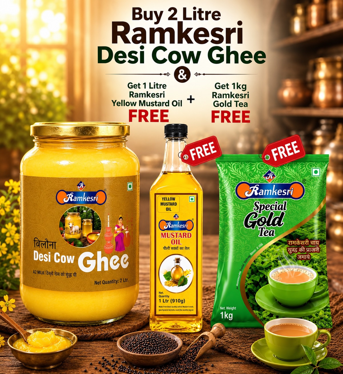 <span>Buy Ramkesri 2 Litre Desi Cow Ghee </span><br/> & <p>Get 1 Litre Ramkesri Yellow Mustard Oil FREE + 1kg Ramkesri Gold Tea FREE</p>
