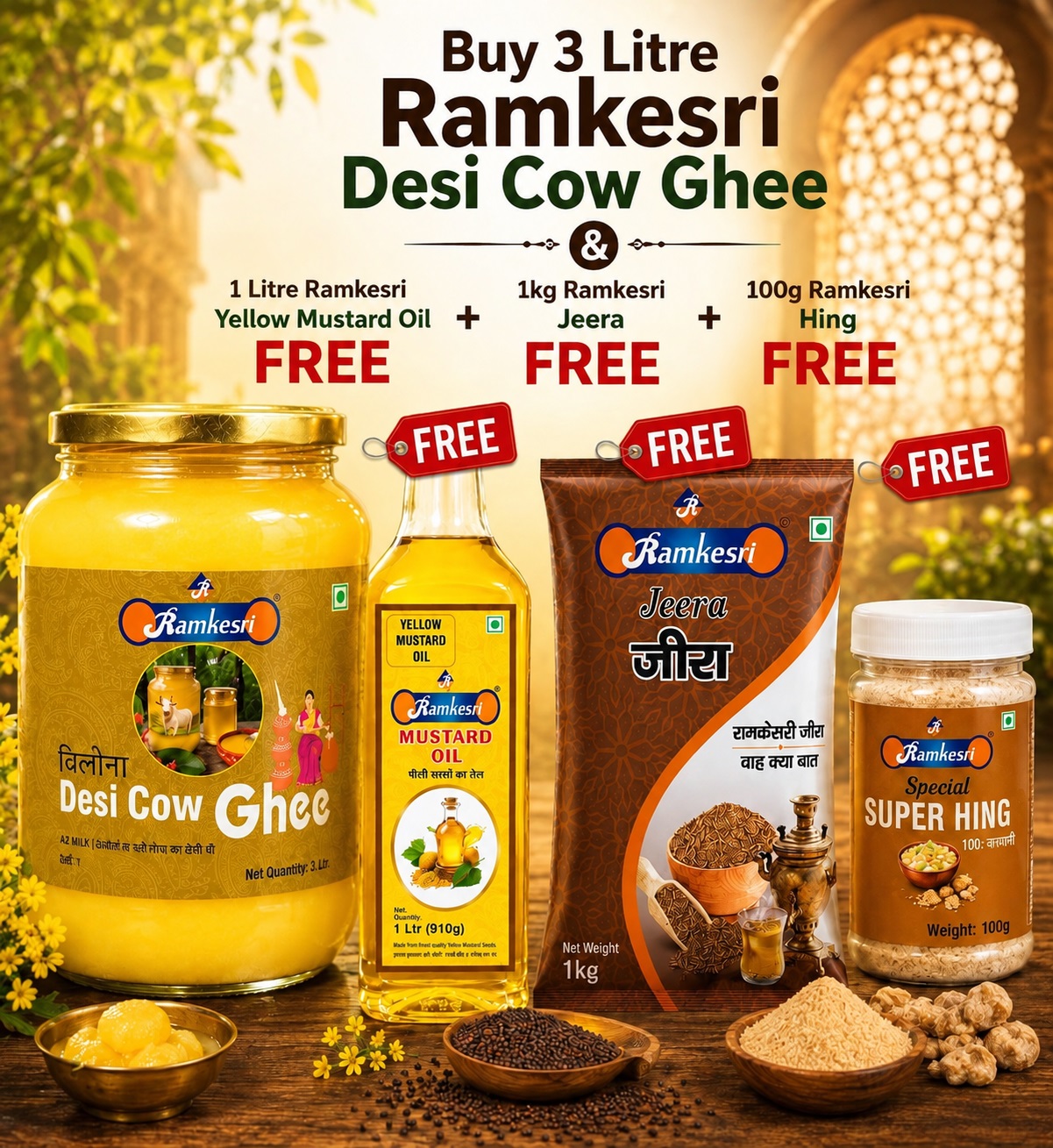 <span>Buy 3 Litre Ramkesri Desi Cow Ghee </span><br/> & <p>Get 1 Litre Ramkesri Yellow Mustard Oil FREE + 1kg Ramkesri Jeera Free + Ramkesri 100 gram Hing FREE</p>
