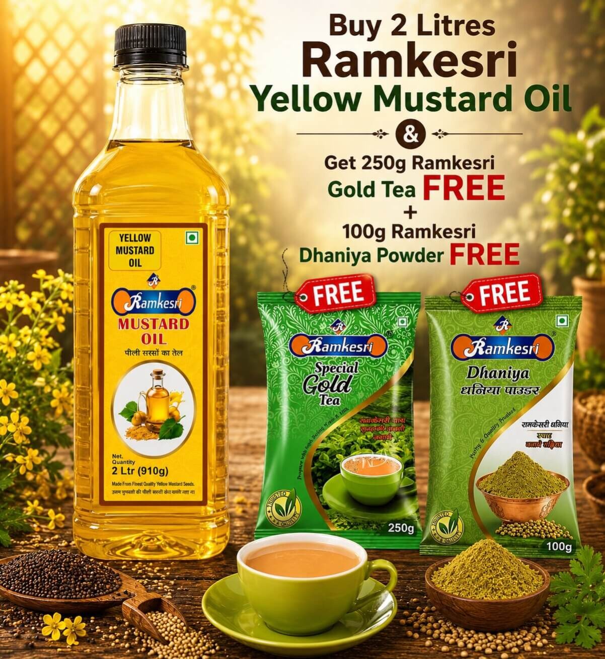 Buy 2 Litres Ramkesri Yellow Mustard Oil  & Get 250g Ramkesri  Gold Tea FREE + 100g Ramkesri Dhaniya Powder FREE