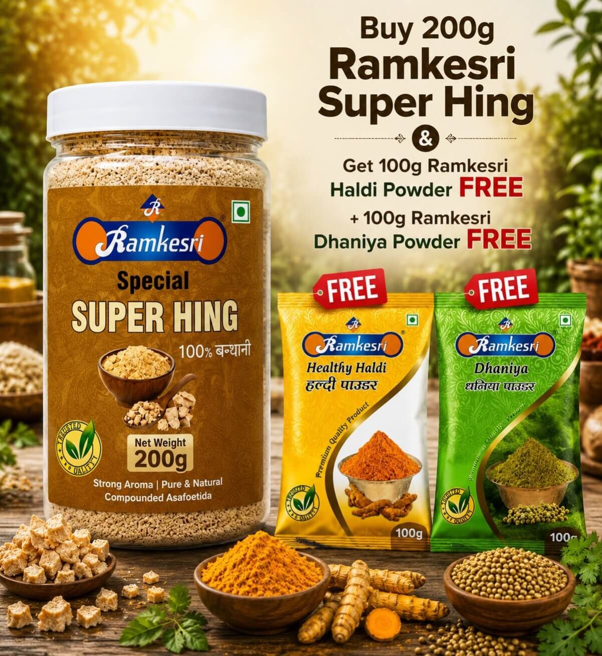 Buy 200g Ramkesri Super Hing & Get 100g Ramkesri Haldi Powder FREE + 100g Ramkesri Dhaniya Powder FREE