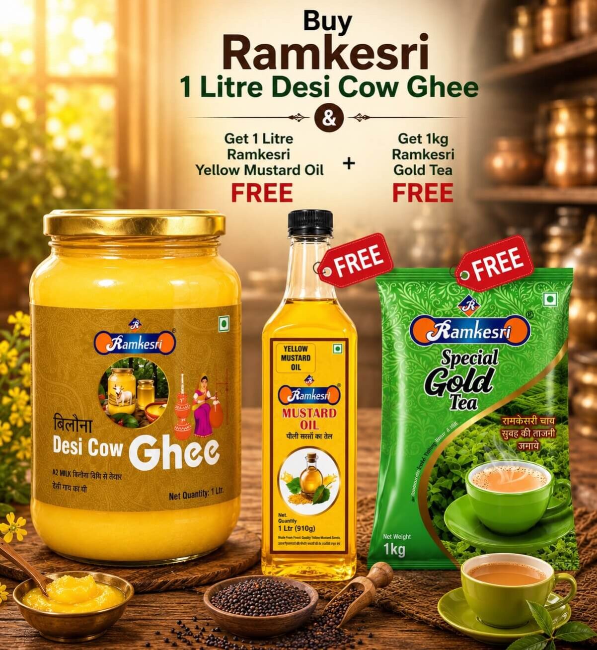 Buy Ramkesri 1 Litre Desi Cow Ghee  & Get 1 Litre Ramkesri Yellow Mustard Oil FREE + 1kg Ramkesri Gold Tea FREE